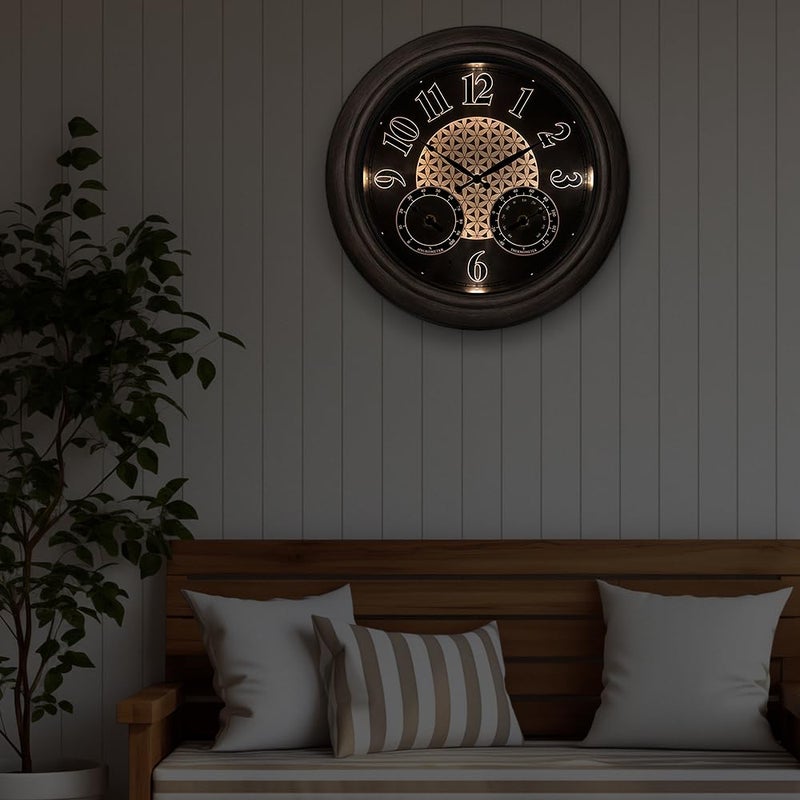 Presentime & Co. 18 Inch Illuminated Outdoor Clock, Waterproof Lighted Large Wall Clock with Thermometer & Hygrometer, Elegant & Vintage Home Decor for Garden, Patio, Pool, Grey Oak Finish - Image 3